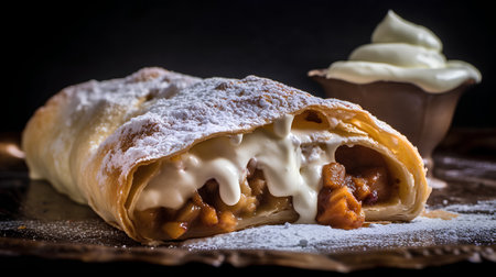 Traditional apple strudel with raisins and powdered sugar on a dark backgroundの素材