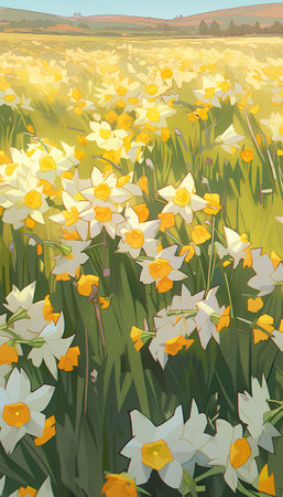 Daffodils. Narcissus flowers on the meadow. Vector illustrationの素材
