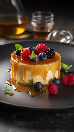 Panna cotta with caramel sauce and fresh berries on black plateの素材