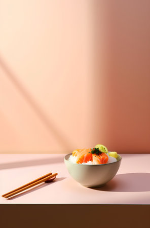 Sushi in bowl with chopsticks on pink background. Minimal style.の素材