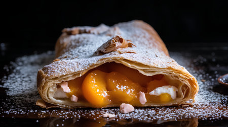 Sweet strudel with apricot and cream on a black backgroundの素材