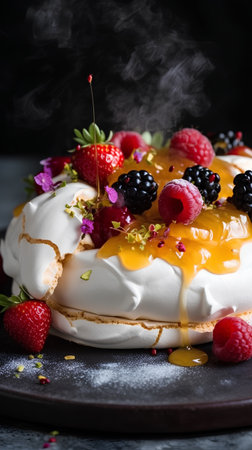 Pavlova cake with fresh berries and honey, selective focusの素材