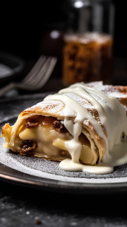 Homemade strudel with raisins and maple syrup. Selective focus.の素材