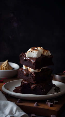 Chocolate brownies with whipped cream and marshmallow on a dark backgroundの素材
