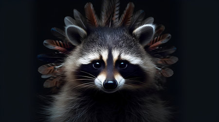Portrait of a raccoon with a headdress on a black backgroundの素材