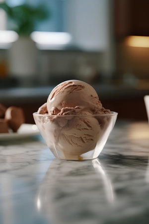 Scoops of ice cream in a glass bowl on a marble tableの素材