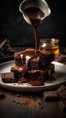 Chocolate brownies with melted chocolate on dark background, selective focusの素材