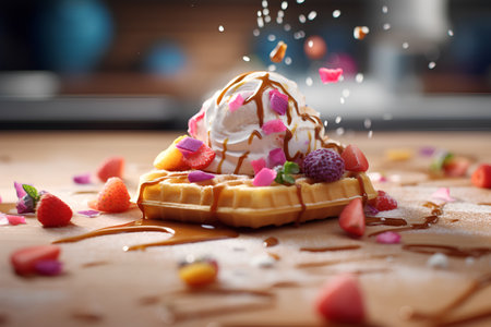 waffle with ice cream and strawberries on a wooden table in the kitchenの素材