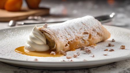 Strudel with whipped cream and caramel on a white plate.の素材