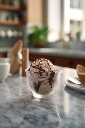 Chocolate ice cream in a glass bowl on a marble countertopの素材