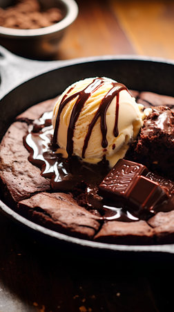 Chocolate brownies with ice cream in a cast iron pan.の素材