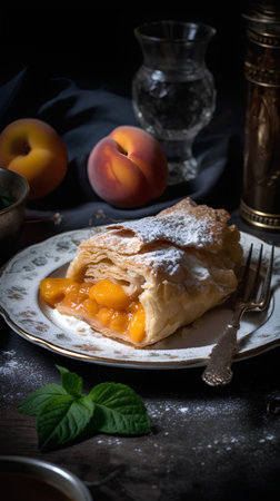 Apricot strudel with icing sugar on a dark backgroundの素材