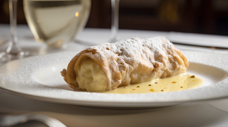 Apple strudel with icing sugar and a glass of white wineの素材