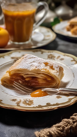 Crepes with apricot jam on a plate. Selective focus.の素材