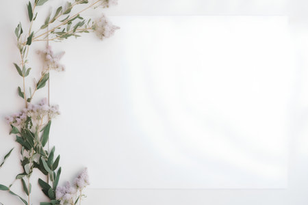 Flowers composition. Frame made of eucalyptus branches on white background. Flat lay, top view, copy spaceの素材