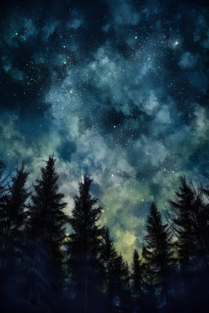 Dark forest and starry sky. Elements of this image furnished by NASAの素材