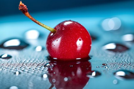 Red cherry on a blue background with water drops close-up.の素材