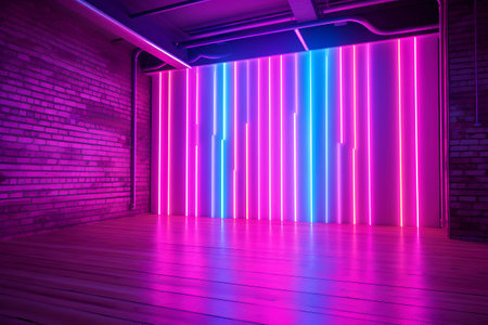 3d render of neon lights in a room with brick wall and wooden floorの素材
