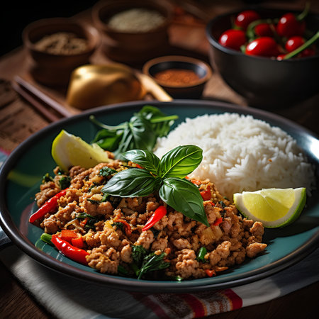 Stir-fried minced pork with basil and rice on wooden backgroundの素材