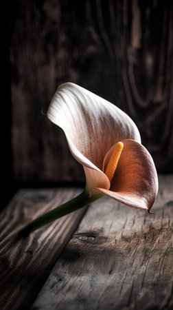 Beautiful calla lily flower on old wooden background, closeupの素材