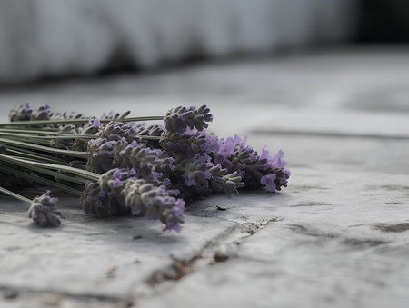 Lavender flowers on the white marble background. Shallow depth of fieldの素材