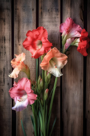 Bouquet of gladiolus flowers on a wooden background.の素材