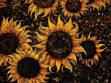 Sunflower abstract background with sunflowers in brown and black colorsの素材