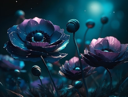 Anemone flower with blue petals on dark background, digital illustrationの素材