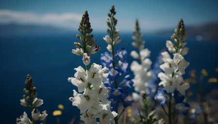 Blossoming lupines in the mountains against the background of the seaの素材