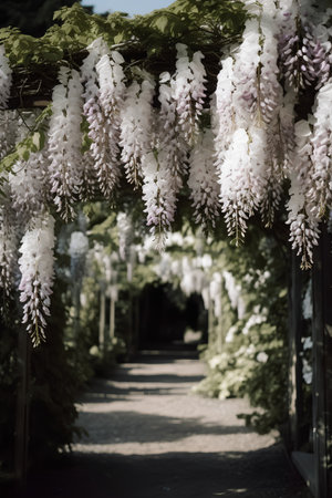 Wisteria flowers in bloom in the garden. Vintage style.の素材