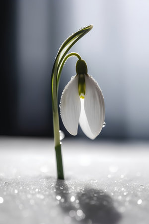 Beautiful snowdrop flower with dew drops on a light backgroundの素材