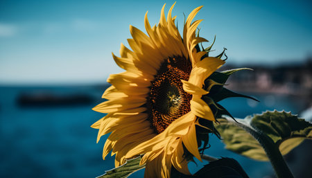 Close up of sunflower with blue sky and sea in background.の素材