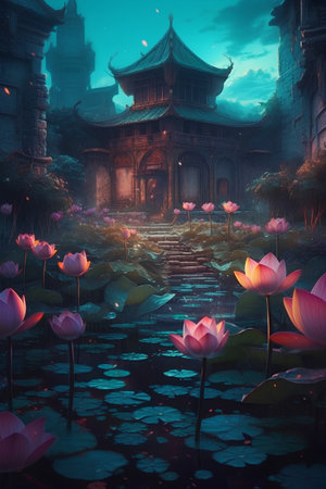 Chinese temple with lotus pond in the night,3d renderの素材