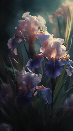 Beautiful iris flowers on dark background. 3d illustration.の素材
