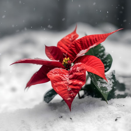 Red poinsettia in the snow, Christmas and New Year backgroundの素材