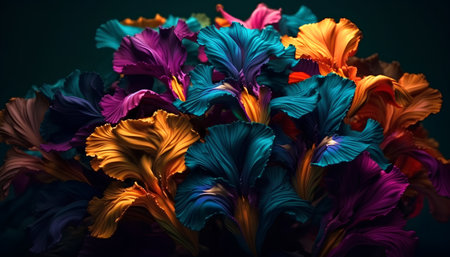 Multicolored iris flowers on a dark background close-upの素材