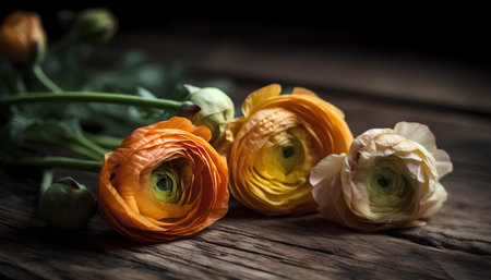 Ranunculus (persian buttercups) on wooden backgroundの素材
