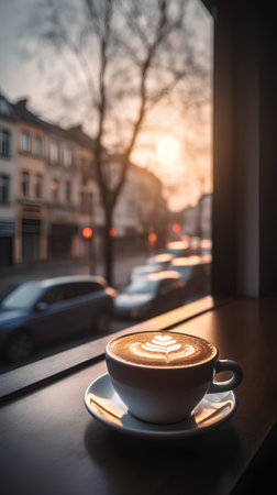 Cup of coffee with latte art on the window at sunsetの素材