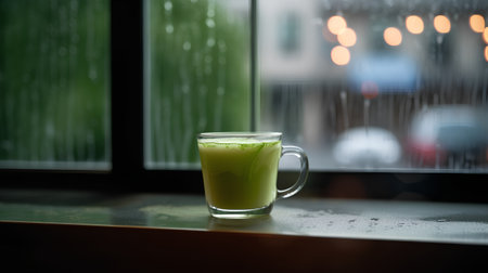 Iced matcha latte in a glass on the window backgroundの素材
