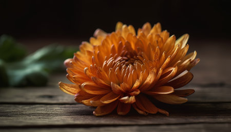 Orange chrysanthemum flower on a wooden background, selective focusの素材