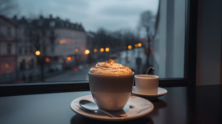 Cappuccino in a white cup on the background of the cityの素材