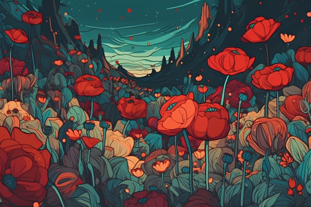 Seamless pattern with red poppies in the forest.の素材