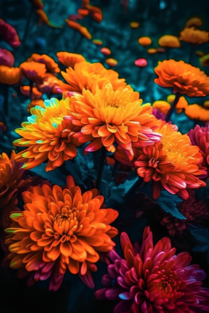 Colorful autumn chrysanthemum flowers on dark background.の素材