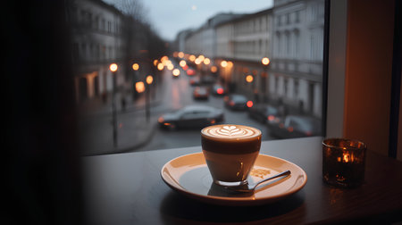 A cup of coffee on the table in the cafe with a beautiful bokeh backgroundの素材