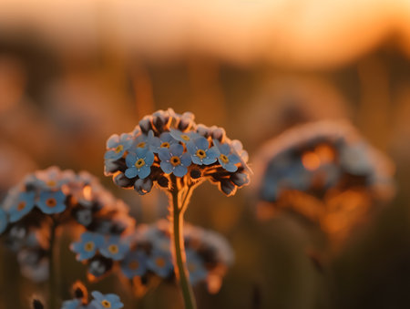 Myosotis flowers in the field at sunset, macro shotの素材