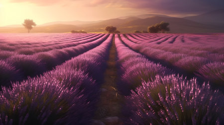 Beautiful sunset over lavender field in Provence, Franceの素材