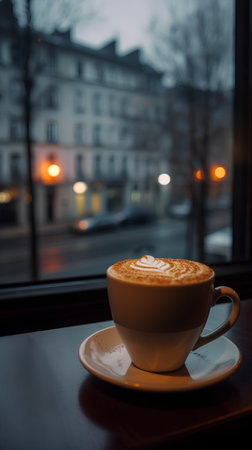 Cup of cappuccino on the windowsill in the eveningの素材