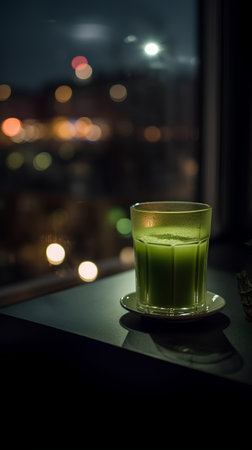 A glass of green matcha latte on a black table.の素材