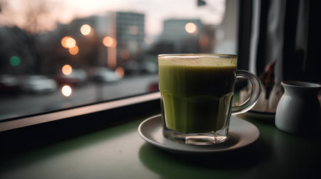 Green tea latte in a glass on the table near the windowの素材