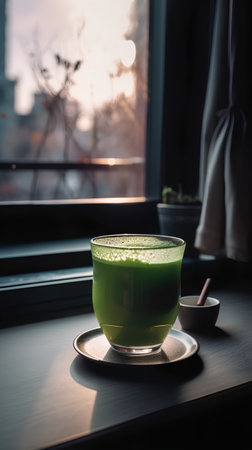 Green matcha latte in a glass on the windowsill.の素材